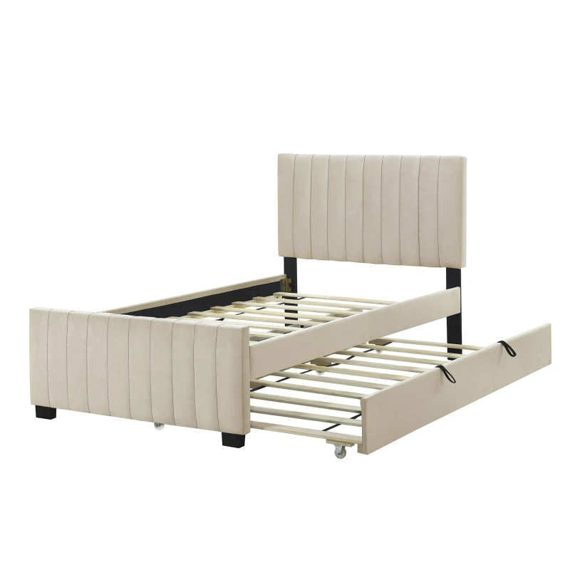 Space-Saving Twin Size Upholstered Platform Bed with Trundle Under Bed, Bed Frame with Velvet Fabric, 80" L x 41.5" W x 42.5" H, Beige