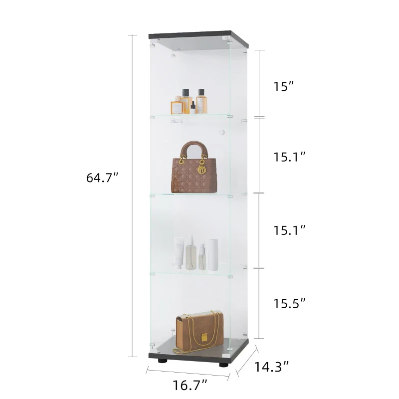 Glass Display Cabinet with Adjustable Feet and Safety Bumpers, Floor-Standing Curio Bookshelf with Tempered Glass, 16.5'' L x 14.5'' W x 64.5'' H, Black