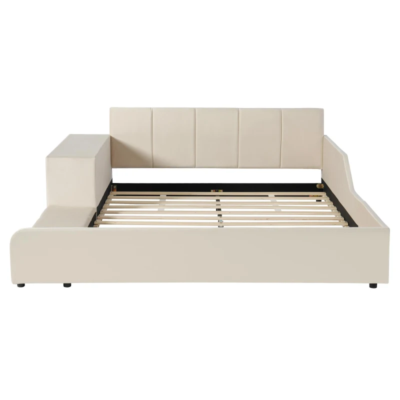 Queen-Size Upholstered Platform Bed with Bedside Desk and Stool, Cozy Bed Frame with Streamlined Structure, 84.5" L x 74" W x 28" H, Beige