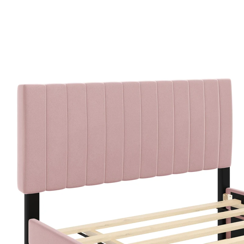 Space-Saving Full Size Upholstered Platform Bed with Twin-Size Trundle, Solid Bed Frame with 10 Reinforced Slats, 80" L x 58" W x 46" H, Pink