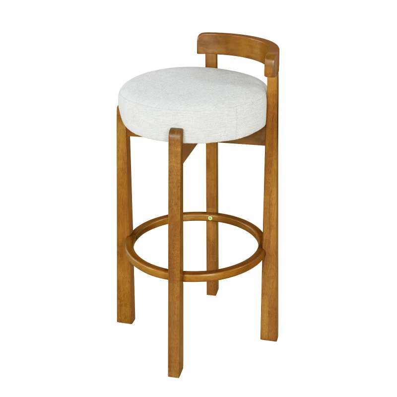 Modern Round Seat Bar Stools with Ergonomic Curved Backrest, Sherpa Padded Chairs with Integrated Footrest, 16'' L x 16.5'' W x 34'' H, Ivory+Walnut