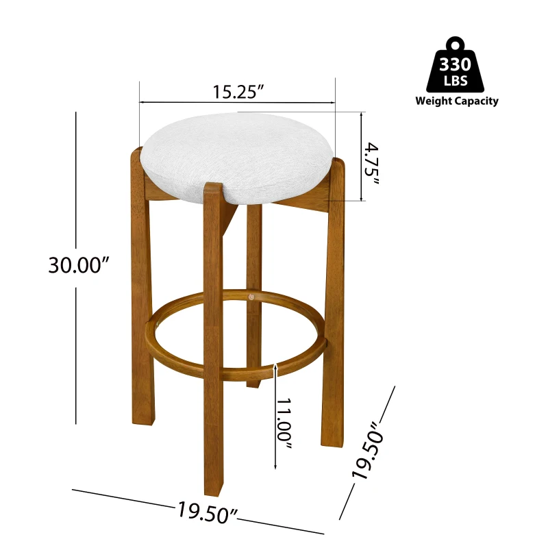 Indoor Round Seat Bar Stools with Solid Wood Frame, Rubberwood Bar Chairs with Padded Upholstered Seat, 19.5'' L x 19.5'' W x 30'' H, Ivory+Walnut