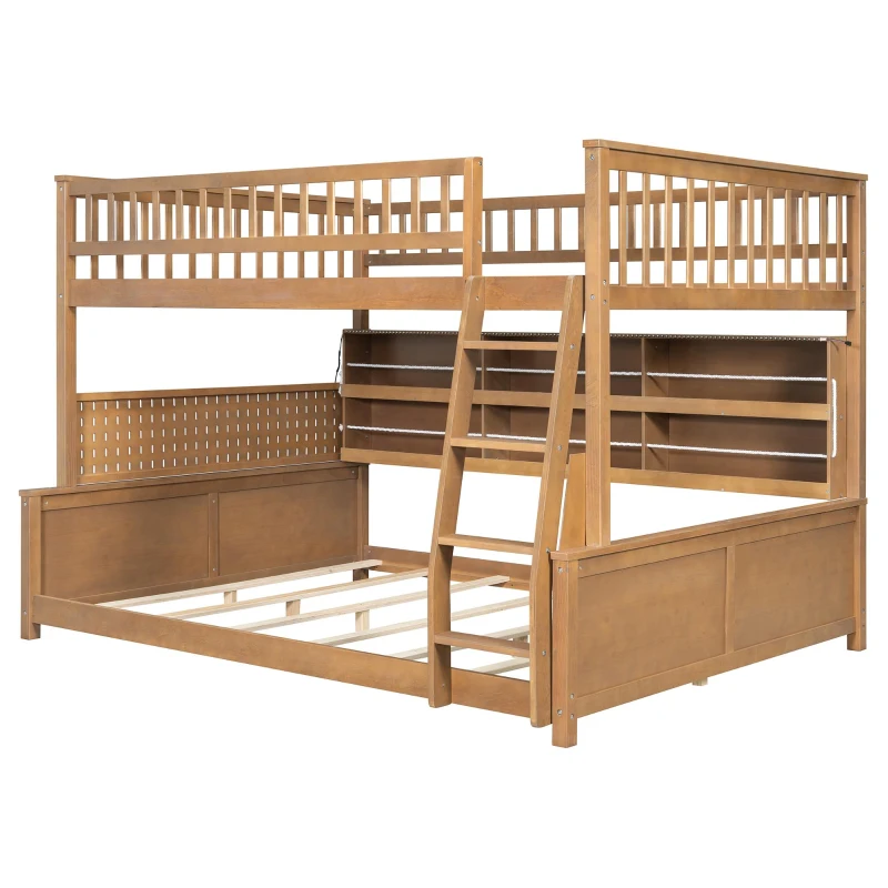 Full XL Over Queen Bunk Bed with Bulit-In Storage Shelf and Safety Rope, Useful Bed Frame with Pegboard Side Panel, 83.5" L x 62.5" W x 59" H, Brown