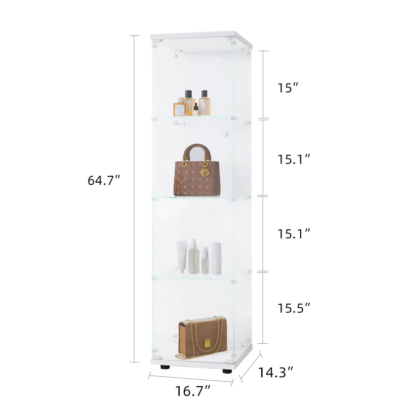 Glass Display Cabinet with Adjustable Feet and Safety Bumpers, Floor-Standing Curio Bookshelf with Tempered Glass, 16.5'' L x 14.5'' W x 64.5'' H, White