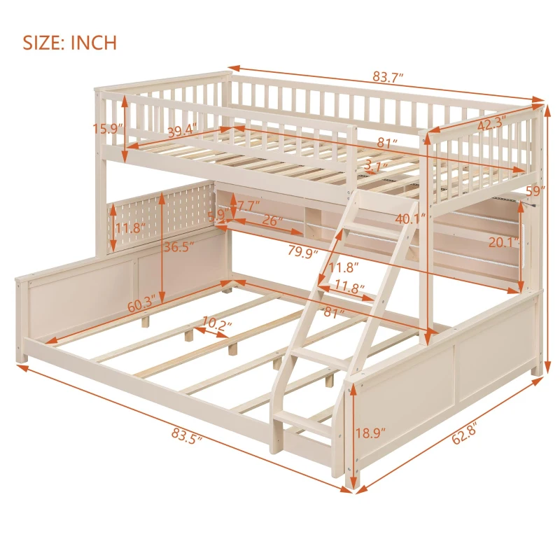 Twin XL Over Queen Bunk Bed with Built-In Storage Shelf and Safety Rope, Useful Bed Frame with Pegboard Side Panel, 83.5" L x 62.5" W x 59" H, Beige