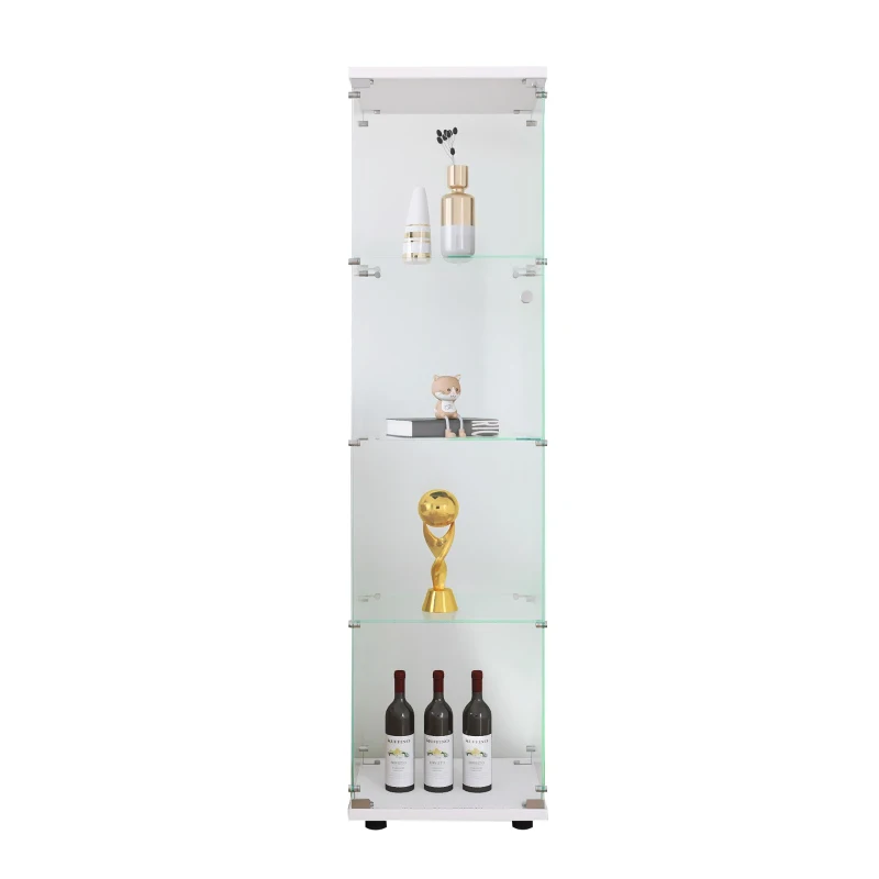 Glass Display Cabinet with Adjustable Feet and Safety Bumpers, Floor-Standing Curio Bookshelf with Tempered Glass, 16.5'' L x 14.5'' W x 64.5'' H, White