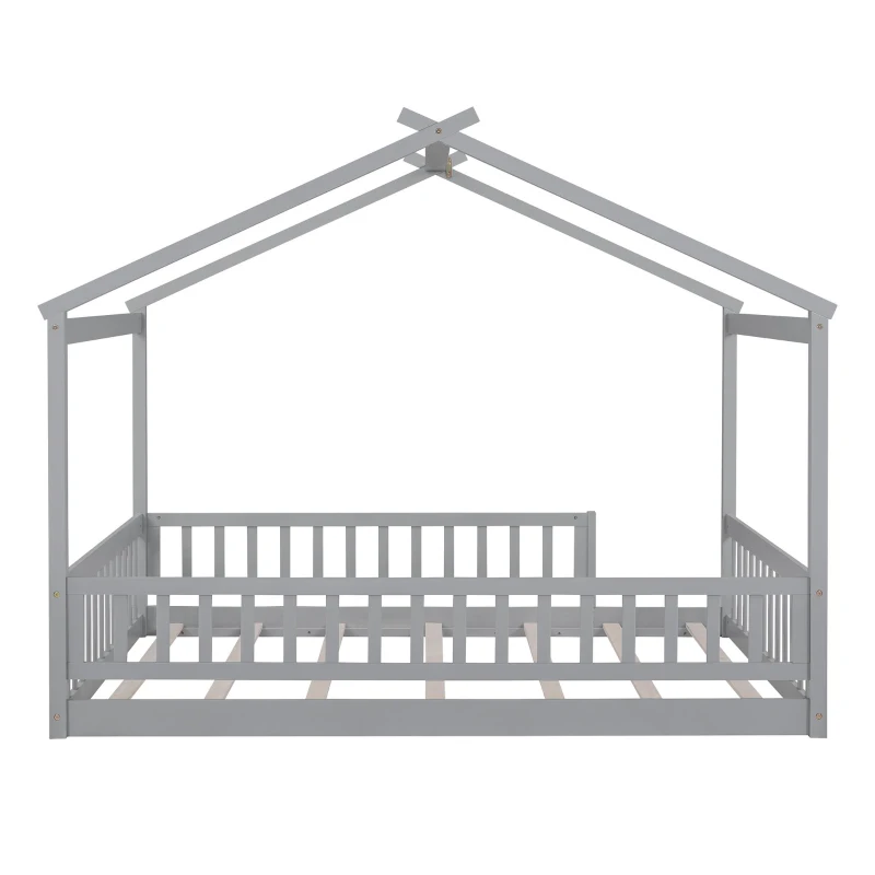 Full Size Wood House Bed with Roof and Fence, Sturdy Pinewood Bed Frame for Kids and Teens, 79.5" L x 57" W x 63" H, Gray