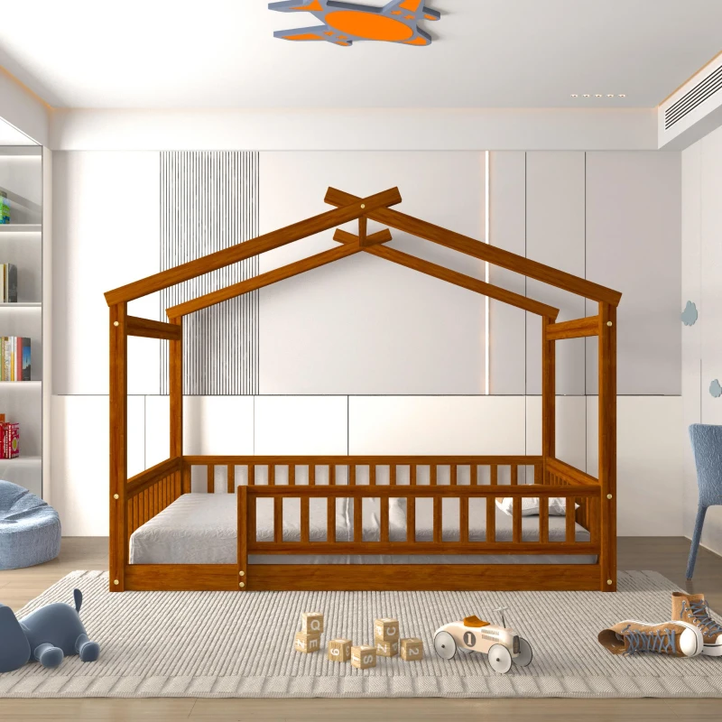 Full Size Wood House Bed with Roof and Fence, Sturdy Pinewood Bed Frame for Kids and Teens, 79.5" L x 57" W x 63" H, Walnut