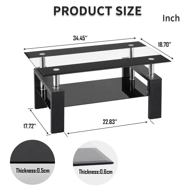 Tempered Glass Coffee Table with Tempered Glass Top, Space-Saving Center Table with Sturdy Legs, 34.5'' L x 18.5'' W x 17.5'' H, Black+Transparent