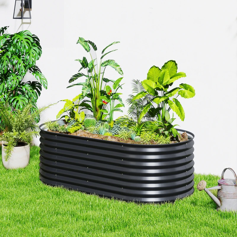 Outsunny 5 x 2.5 x 2 ft Galvanized Raised Garden Bed, Easy DIY Oval Planter Box with Safety Edging and Gloves, Black