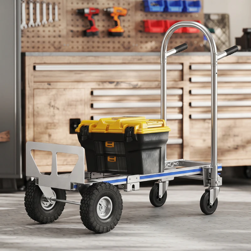 Soozier 4-Wheel/2-Wheel Cargo Cart, 2-in-1 Folding Hand Truck with Aluminum Alloy Frame and Steel Handle, Capacity, Silver Tone