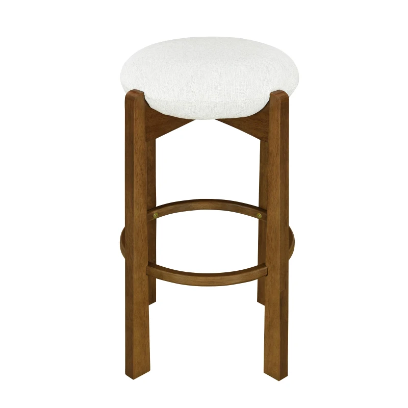 Indoor Bar Stools with Solid Rubberwood Frame, Non-Swivel Bar Chairs with Upholstered Round Seat, 19.5'' L x 19.5'' W x 30'' H, Ivory+Walnut