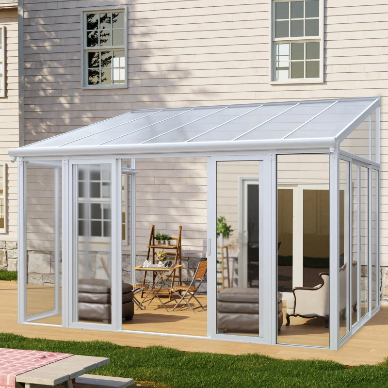 Weatherproof Sunroom Kit with 3 Lockable Sliding Doors, Enclosed Patio Cover with Aluminium Alloy Frame, 168.5'' L x 115'' W x 123'' H, White