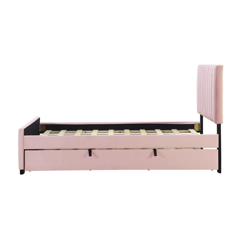 Space-Saving Twin Size Upholstered Platform Bed with Trundle Under Bed, Cozy Bed Frame with Velvet Fabric, 80" L x 41.5" W x 42.5" H, Pink