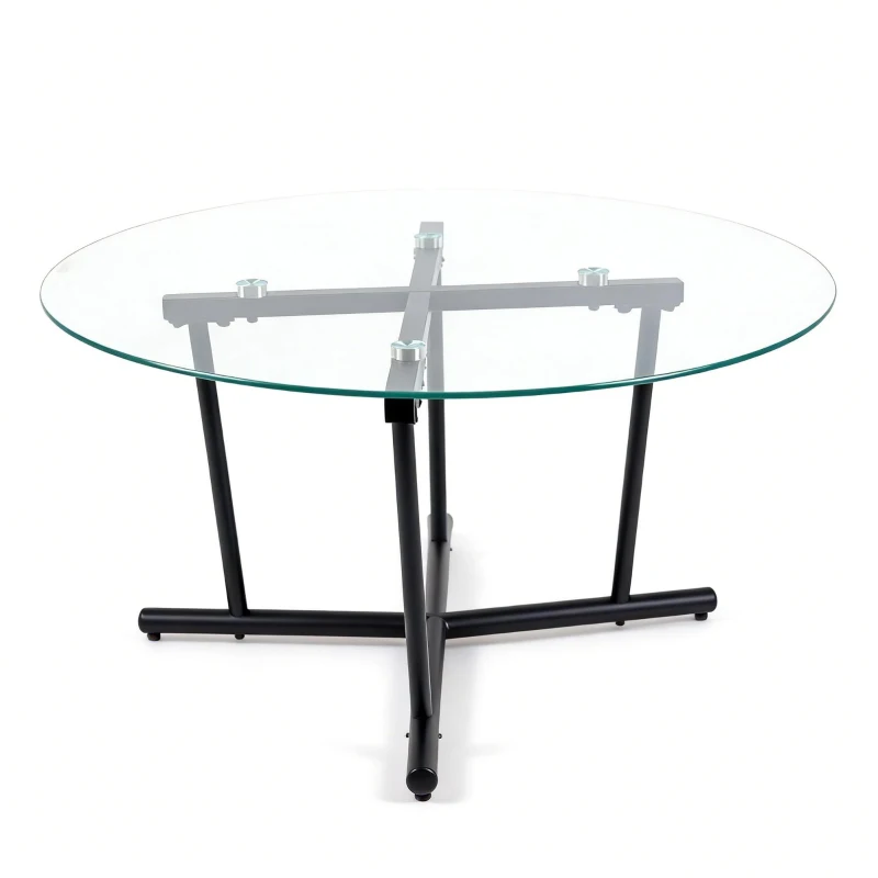 Round Tempered Glass Coffee Table with Solid Iron Legs, Modern Center Table with Stable Frame, 27.5'' L x 27.5'' W x 14.5'' H, Black+Transparent