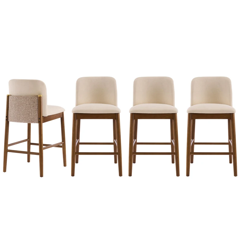 Cozy Lois Indoor Upholstered Wooden Stools with Padded Soft Fabric, Sturdy Bar Chairs with Footrest, 19" L x 22" W x 37" H, Beige+Walnut