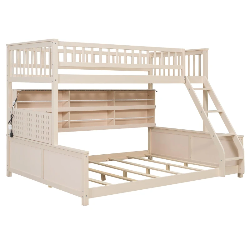 Twin XL Over Queen Bunk Bed with Built-In Storage Shelf and Safety Rope, Useful Bed Frame with Pegboard Side Panel, 83.5" L x 62.5" W x 59" H, Beige
