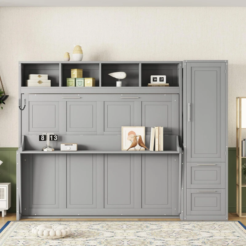 Queen Size Murphy Wall Bed with Storage Shelf, Space‑Saving Bed Frame with Integrated Closet and 2 Drawers, 112" L x 65" W x 78.5" H, Gray