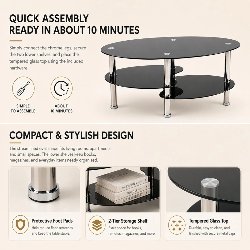 Oval Tempered Glass Coffee Table with Stainless Steel Legs, Modern Living Room Centre Table with Rounded Edges, 34.5'' L x 19'' W x 16'' H, Black