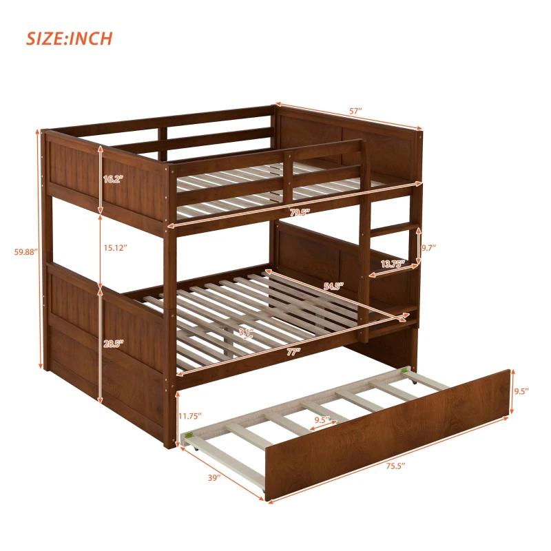 Full-Over-Full Bunk Bed with Pullout Trundle, Space-Saving Bed Frame with 2 Separate Beds, 79.5" L x 57" W x 60" H, Walnut
