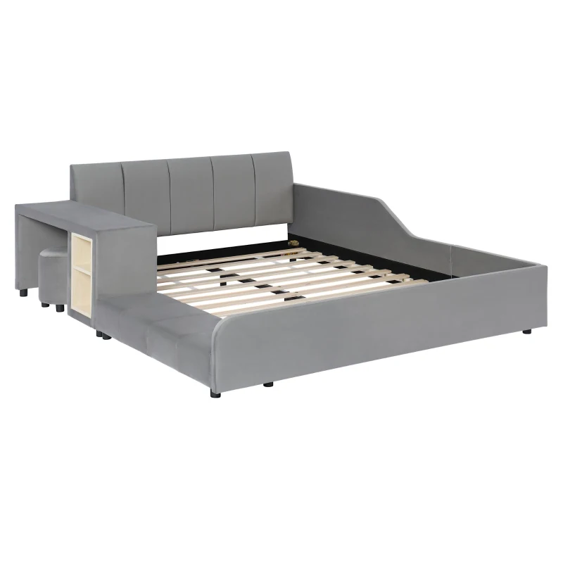 Full Size Upholstered Platform Bed with Bedside Desk and Stool, Cozy Bed Frame with Streamlined Structure, 79.5" L x 68" W x 28" H, Gray