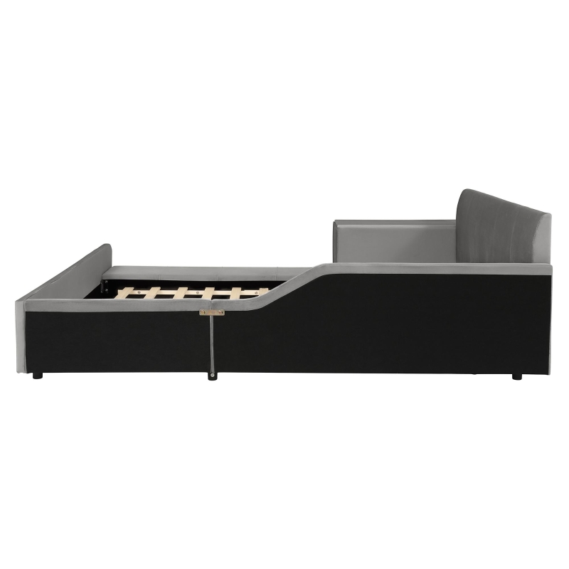 Full Size Upholstered Platform Bed with Bedside Desk and Stool, Cozy Bed Frame with Streamlined Structure, 79.5" L x 68" W x 28" H, Gray