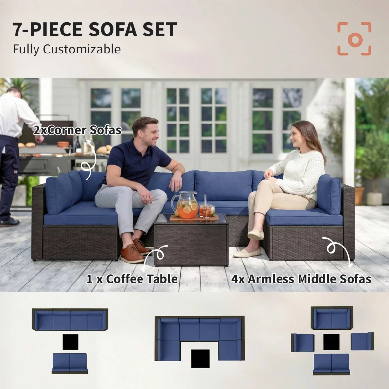 Outsunny 7 Piece Patio Furniture Set, All Weather PE Rattan Outdoor Furniture Conversation Sets with Glass Top Coffee Table