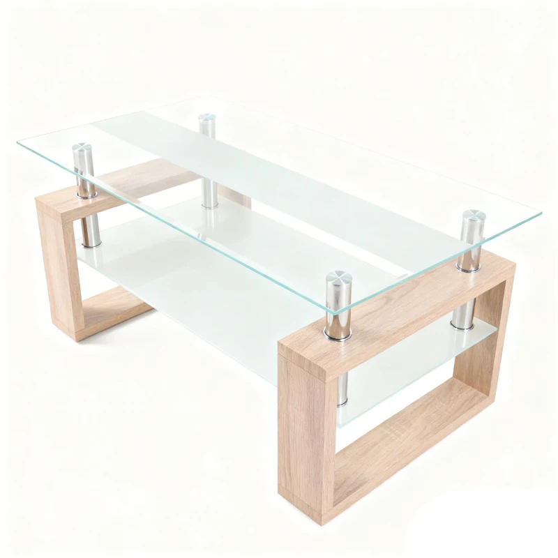 Modern Glass Coffee Table with Wood-Grain MDF Legs, Minimalist Center Table with 2-Tier Storage, 34.5'' L x 18.5'' W x 17.5'' H, Natural+Transparent