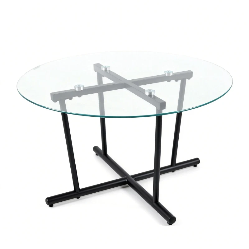 Round Tempered Glass Coffee Table with Solid Iron Legs, Modern Center Table with Stable Frame, 27.5'' L x 27.5'' W x 14.5'' H, Black+Transparent