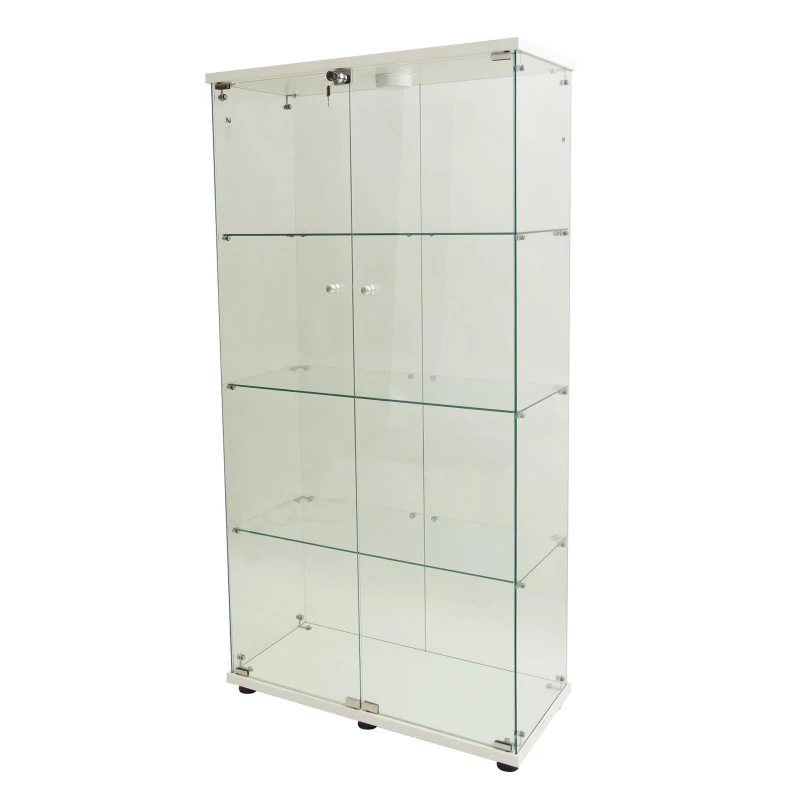 Solid Glass Floor-Standing Showcase with Built-In LED Lighting, LED Glass Display Cabinet with Lockable Doors, 31.5'' L x 14.5'' W x 64.5'' H, White