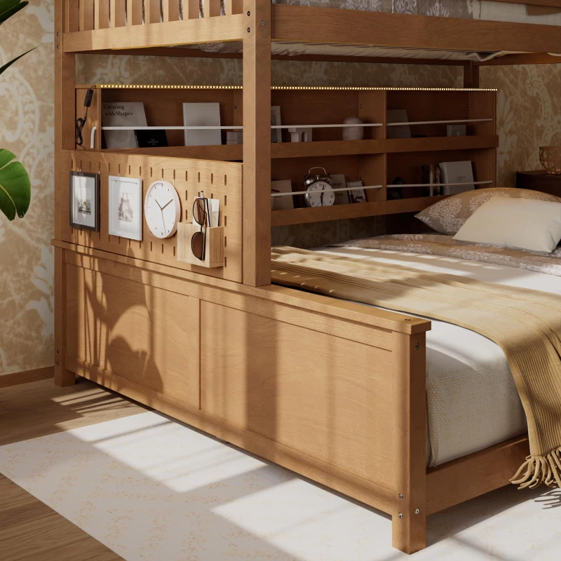 Twin XL Over Queen Bunk Bed with Built-In Storage Shelf and Safety Rope, Useful Bed Frame with Pegboard Side Panel, 83.5" L x 62.5" W x 59" H, Brown