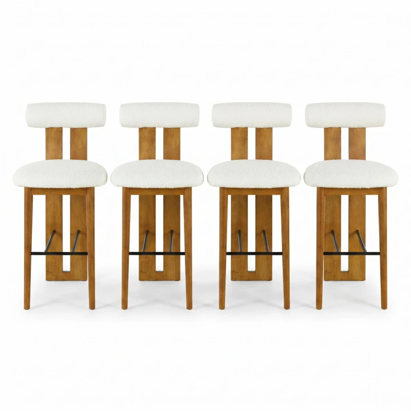 Plush Sherpa Bar Stool Set of 4 with High-Resilience Foam, Indoor Bar Chairs with Premium Rubber Wood Frame, 19'' L x 23'' W x 43'' H, Walnut+White