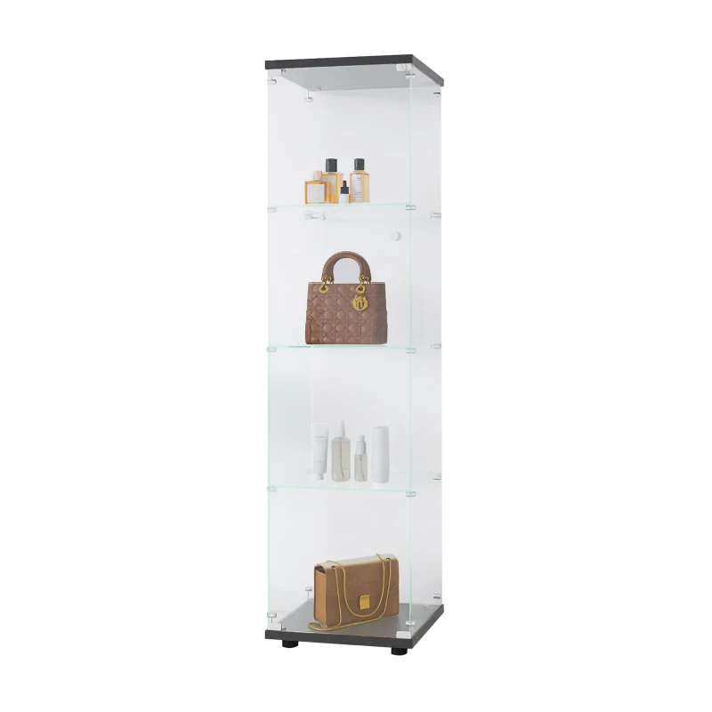 Glass Display Cabinet with Adjustable Feet and Safety Bumpers, Floor-Standing Curio Bookshelf with Tempered Glass, 16.5'' L x 14.5'' W x 64.5'' H, Black