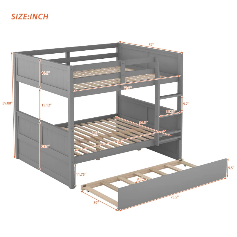 Full-Over-Full Bunk Bed with Space-Saving Pullout Trundle, Space-Saving Bed Frame with 2 Separate Beds, 79.5" L x 57" W x 60" H, Gray