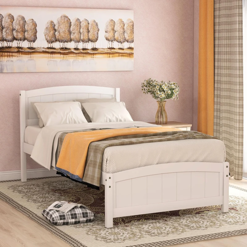 Twin Wood Platform Bed with Durable Material and Light Weight, Solid Bed Frame with 10 Evenly Spaced Slats, 79.5" L x 41.5" W x 35.5" H, White