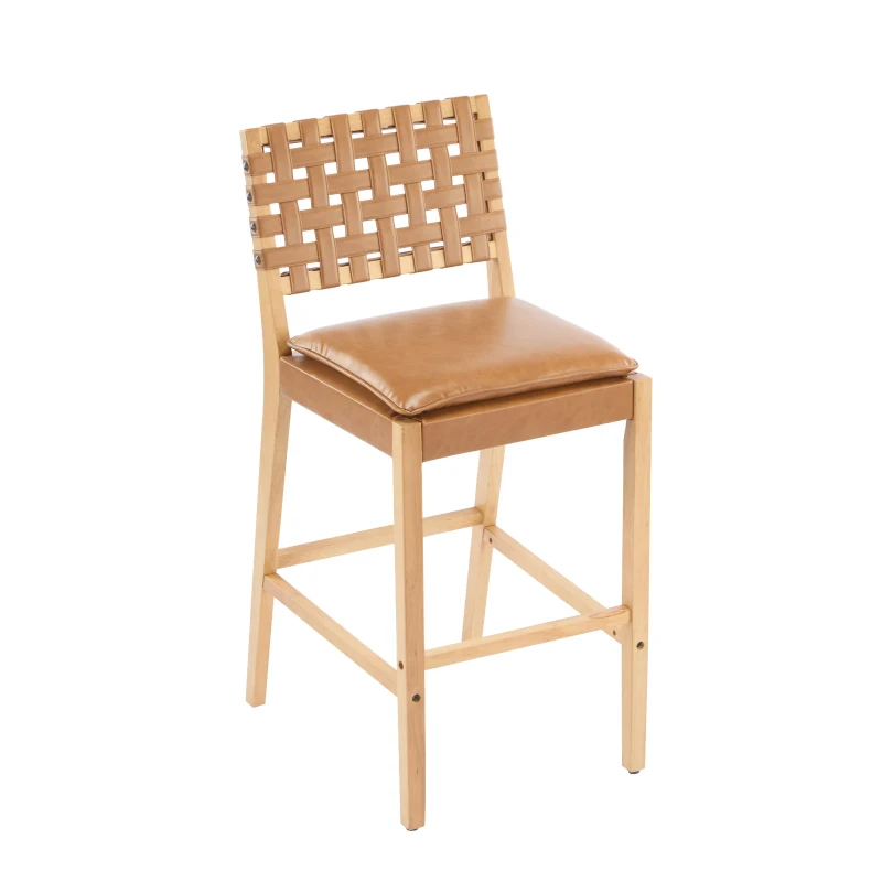 Modern Bar Stools with Hand‑Woven PU Back, Strap-Back Bar Chairs with Padded PU Seat, 18'' L x 21.5'' W x 40.5'' H, Brown+Natural