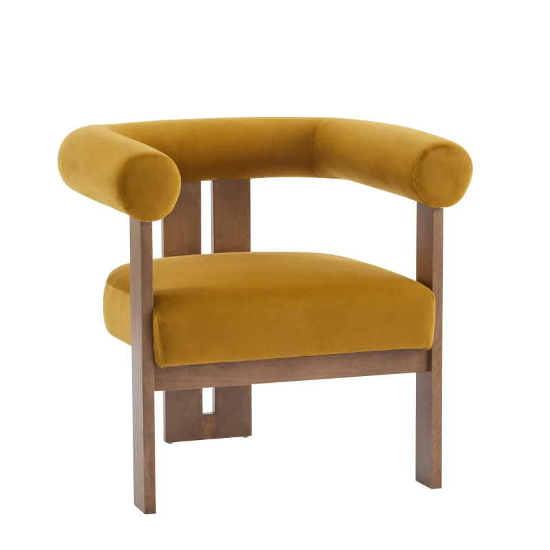 Round Arm Accent Chair with Velvet Upholstery, Curved Backrest Armchair with Solid Birch Wood Base, 31'' L x 29'' W x 30'' H, Mustard Yellow+Walnut