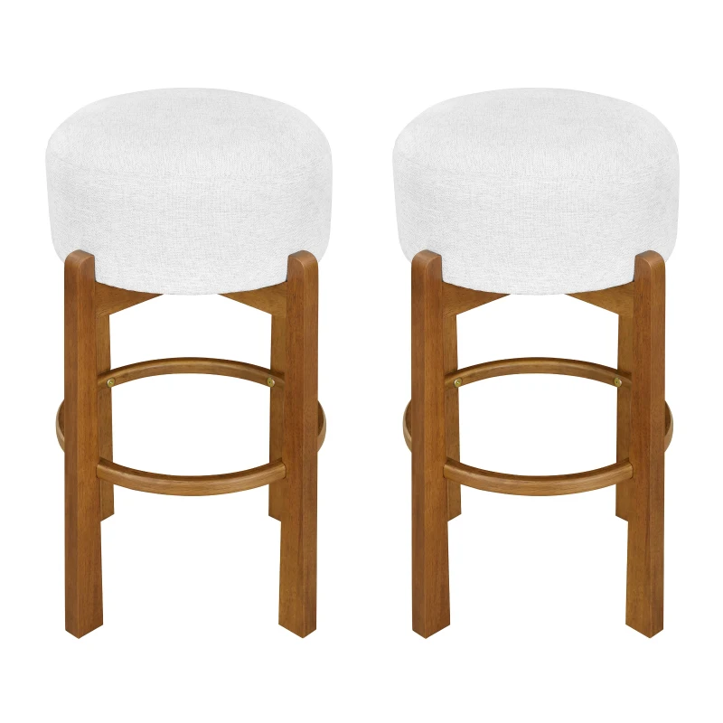 Round Bar Stool Set of 2 with Padded Upholstered Seat, Non-Swivel Bar Chairs with Ivory Upholstered Cushion, 19.5'' L x 19.5'' W x 30'' H, Ivory+Walnut