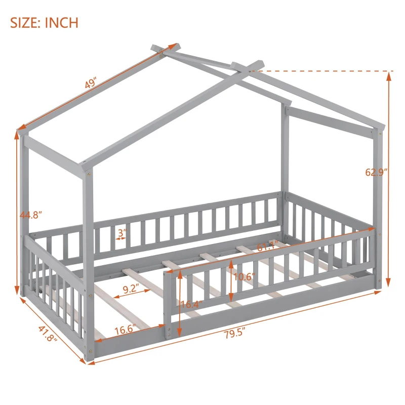 Comfortable Twin House Bed Frame with Roof and Fence, Sturdy Pinewood Platform Bed with Semi-enclosed Space, 79.5" L x 41.5" W x 63" H, Walnut