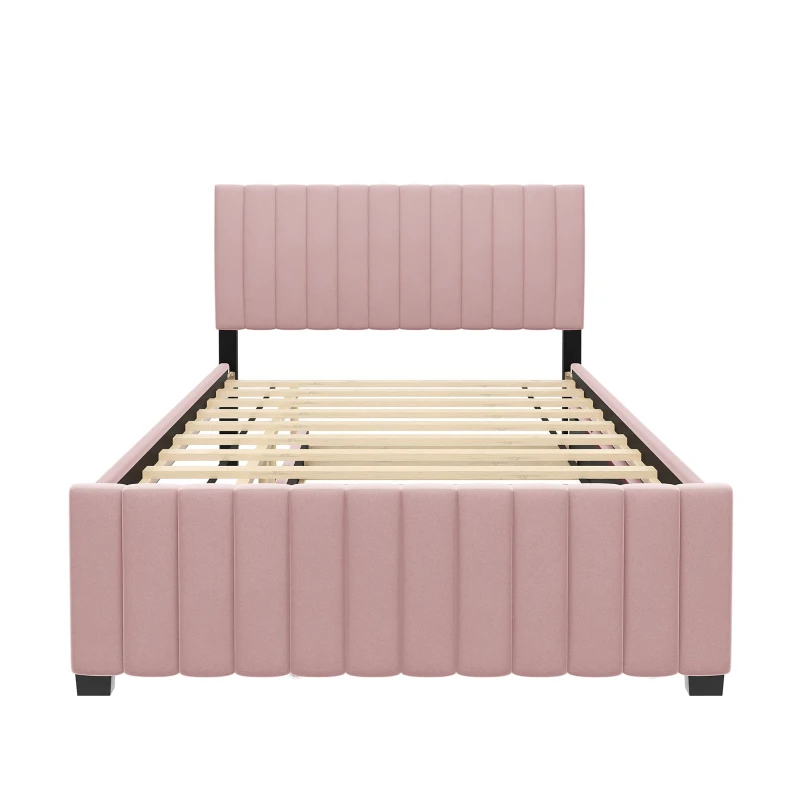 Space-Saving Full Size Upholstered Platform Bed with Twin-Size Trundle, Solid Bed Frame with 10 Reinforced Slats, 80" L x 58" W x 46" H, Pink
