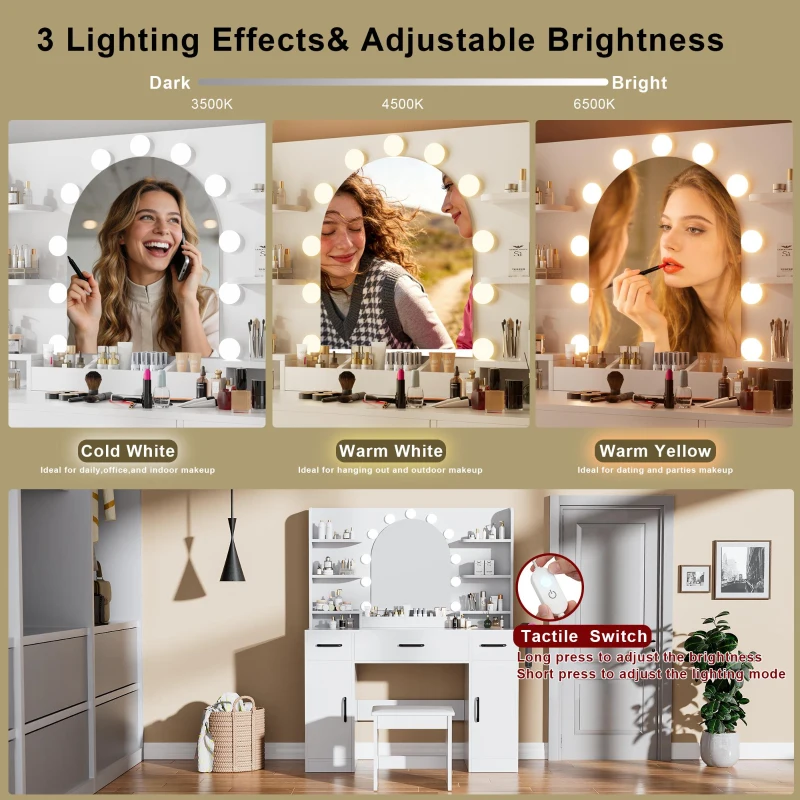 Large Makeup Vanity Desk with 6 Open Shelves and 3 Drawers, Functional Makeup Vanity with Dimmable LED Mirror, 44.5" L x 14" W x 55" H, White