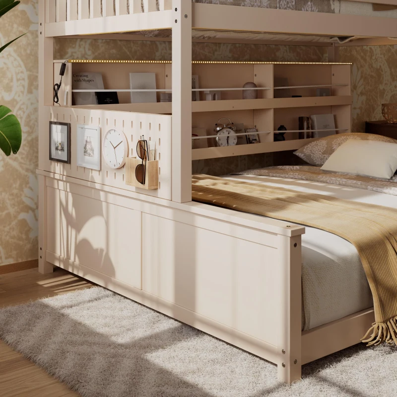 Twin XL Over Queen Bunk Bed with Built-In Storage Shelf and Safety Rope, Useful Bed Frame with Pegboard Side Panel, 83.5" L x 62.5" W x 59" H, Beige