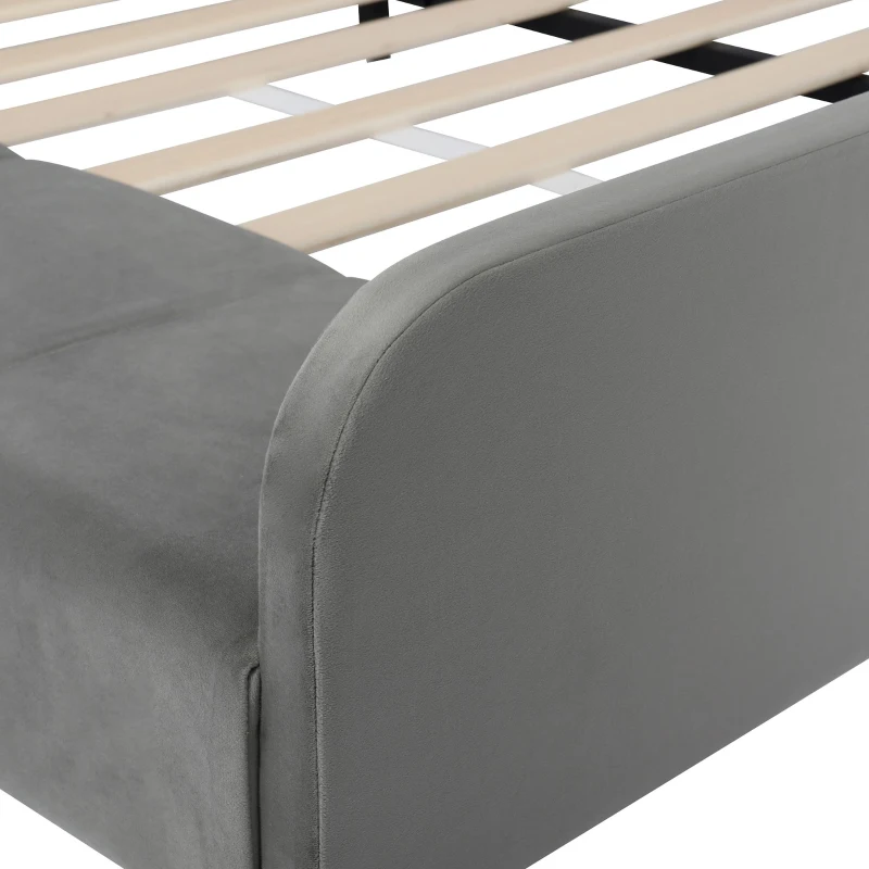 Queen-Size Upholstered Platform Bed with Bedside Desk and Stool, Cozy Bed Frame with Streamlined Structure, 84.5" L x 74" W x 28" H, Gray