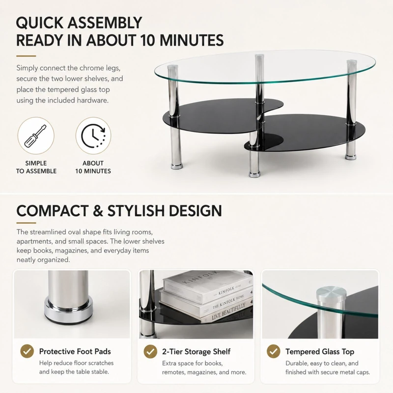 Oval Tempered Glass Coffee Table with Stainless Steel Legs, Modern Centre Table with Rounded Edges, 34.5'' L x 19'' W x 16'' H, Black+Transparent