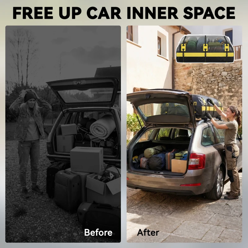 Outsunny Rooftop Cargo Carrier, 21 Cubic Feet Waterproof Soft-Shell Car Roof Storage Bag w/ Door Hooks, Reflective Arrows, Yellow