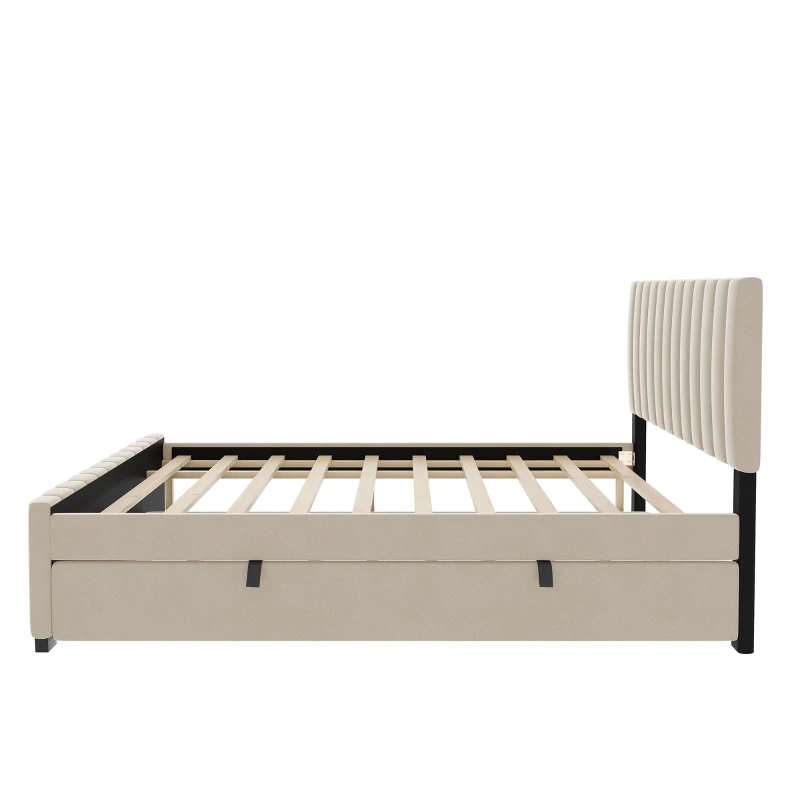 Space-Saving Full Size Upholstered Platform Bed with Twin-Size Trundle, Solid Bed Frame with 10 Reinforced Slats, 80" L x 58" W x 46" H, Beige