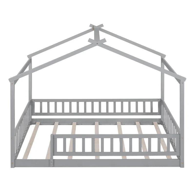 Full Size Wood House Bed with Roof and Fence, Sturdy Pinewood Bed Frame for Kids and Teens, 79.5" L x 57" W x 63" H, Gray
