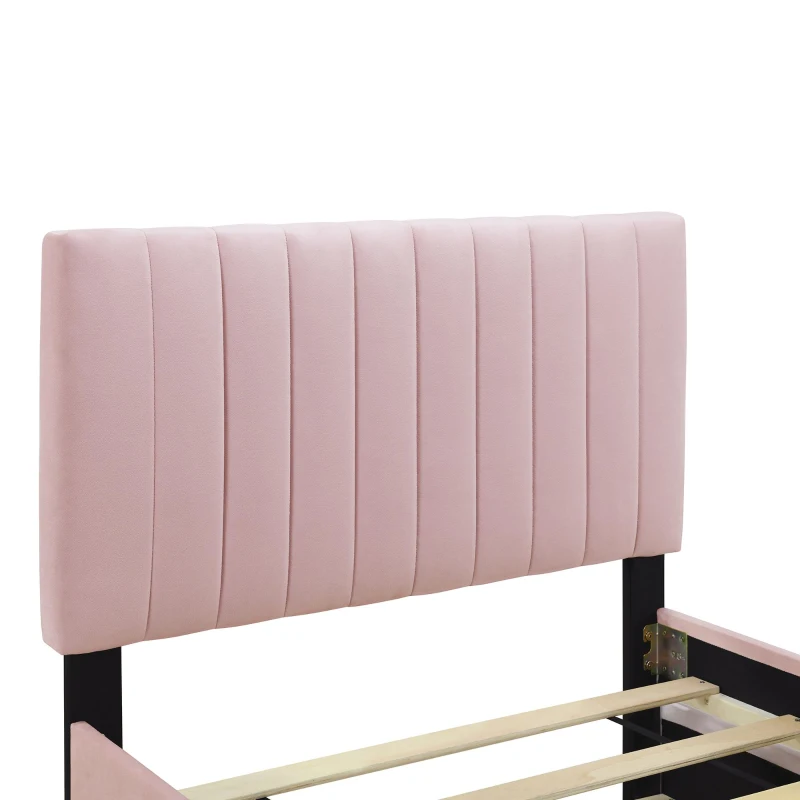 Space-Saving Twin Size Upholstered Platform Bed with Trundle Under Bed, Cozy Bed Frame with Velvet Fabric, 80" L x 41.5" W x 42.5" H, Pink