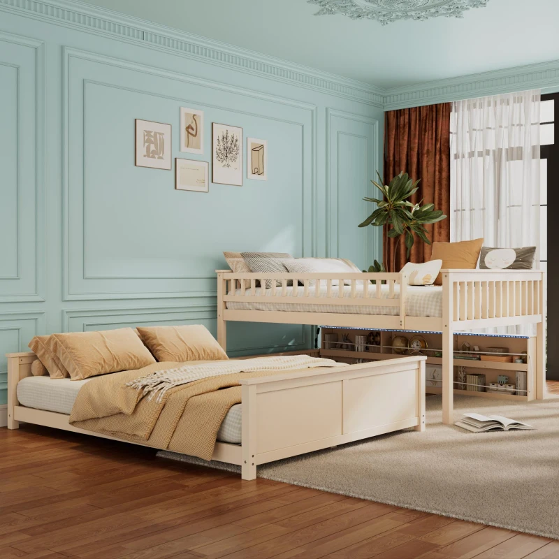 Full XL Over Queen Bunk Bed with Built-In Storage Shelf and Safety Rope, Useful Bed Frame with Pegboard Side Panel, 83.5" L x 62.5" W x 59" H, Beige