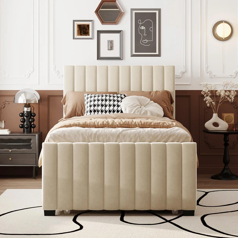 Space-Saving Twin Size Upholstered Platform Bed with Trundle Under Bed, Bed Frame with Velvet Fabric, 80" L x 41.5" W x 42.5" H, Beige